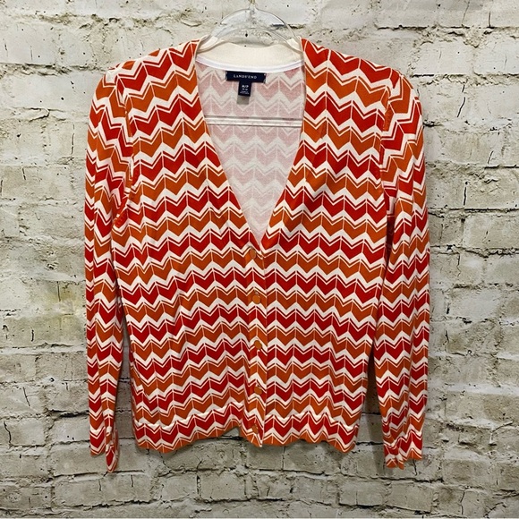 Lands End Ivory Orange Chevron Print V Neck Cardigan - Picture 1 of 6